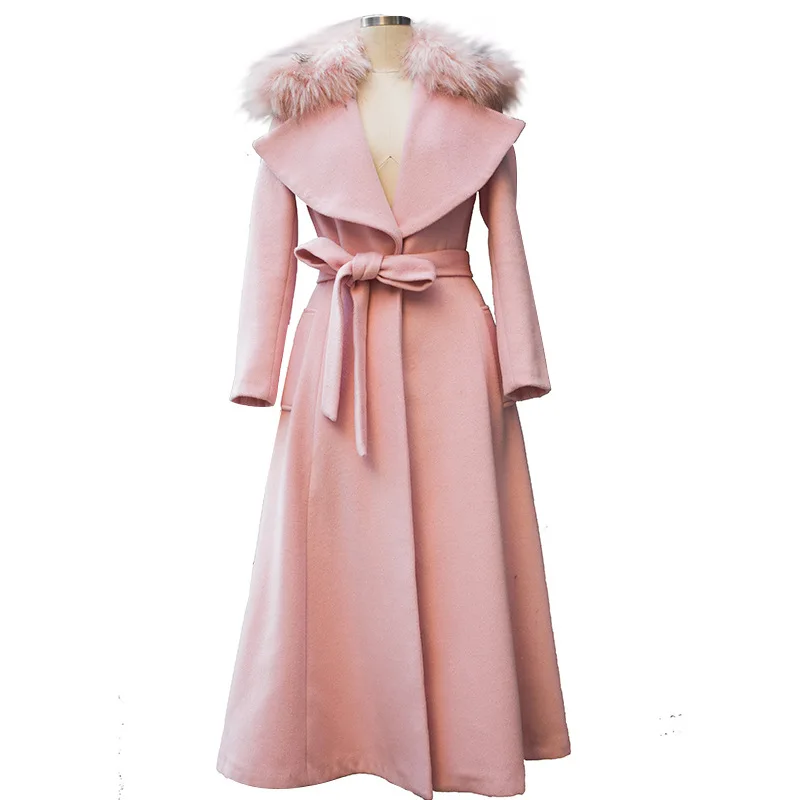 

Pink Woolen Jacket Coat New Autumn Winter with Fur Collar Slim Long Sleeve Outwear Ultra Long Female Wool Blends Overcoat