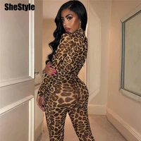 shestyle leopard mesh transparent jumpsuit women 2019 yellow bodycon stretchy long animal jumpsuits sexy female dropshipping