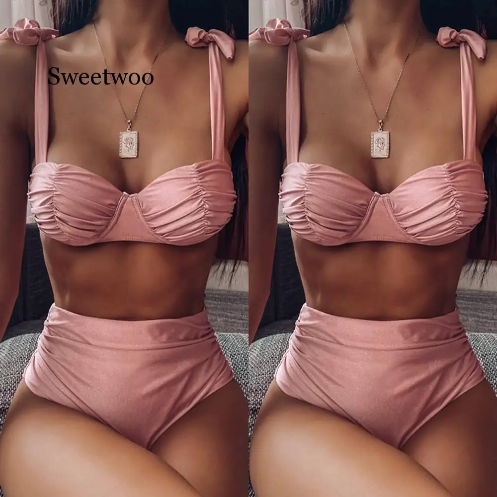 Женский купальник с чашками пуш-ап розовое бикини на косточках подкладкой и