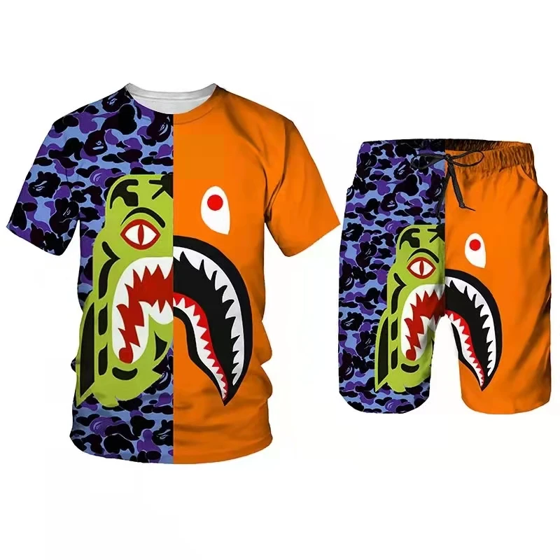 

2022 Popular Japanese Hoodie Camouflage Shorts Men's Casual Loose Pants Harajuku Sportswear Couple Shark T-shirt PUBG Shark Set