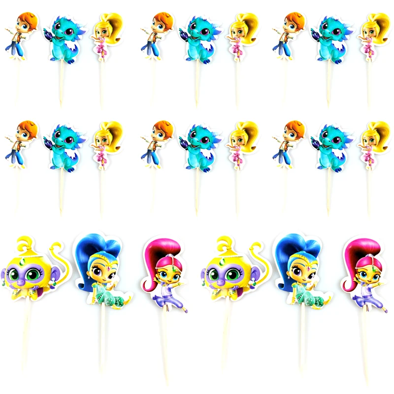 

240pcs/lot Birthday Party Shimmer and Shine Theme Cupcake toppers Decora Baby Shower Kids Girls Favors Cake Topper With Sticks