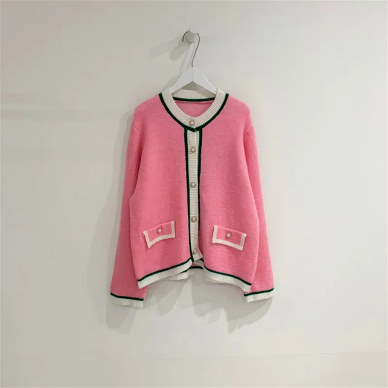 

CBAFU korean chic pink v-neck knitted cardigan women sweater autumn winter long sleeve soft jumper sweater jacket pearls N410