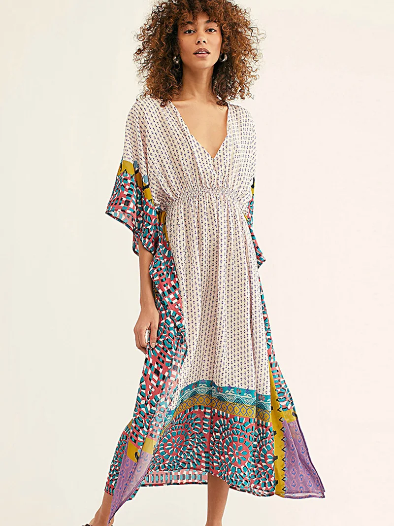 Fitshinling Geometric Print Vintage Maxi Dress Beach Wear 2020 V Neck Batwing Sleeve Pareo Oversize Robe Swimsuits Cover Up New | Женская