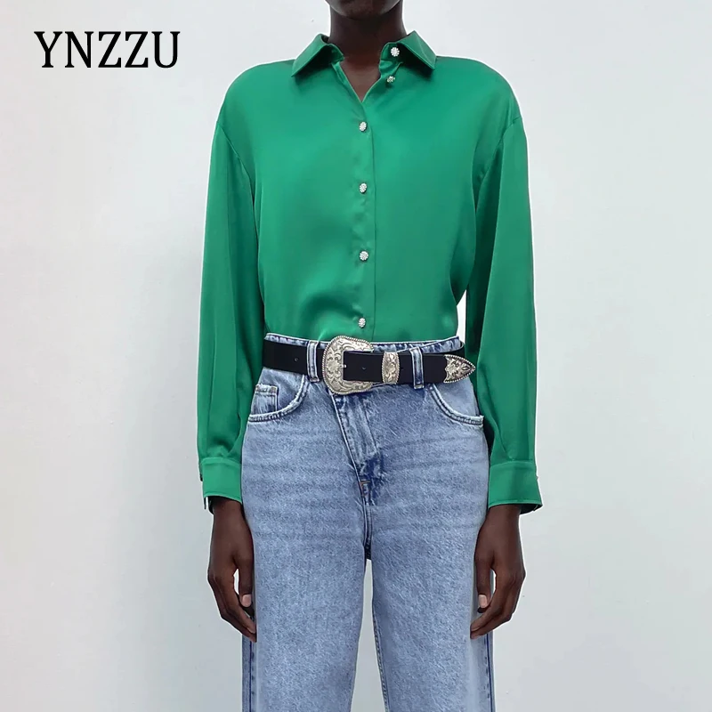 

Office lady Green stain blouse Women's 2022 Spring Summer Fashion Diamond buttons Lantern sleeve Shirt Female Tops YNZZU 1T160