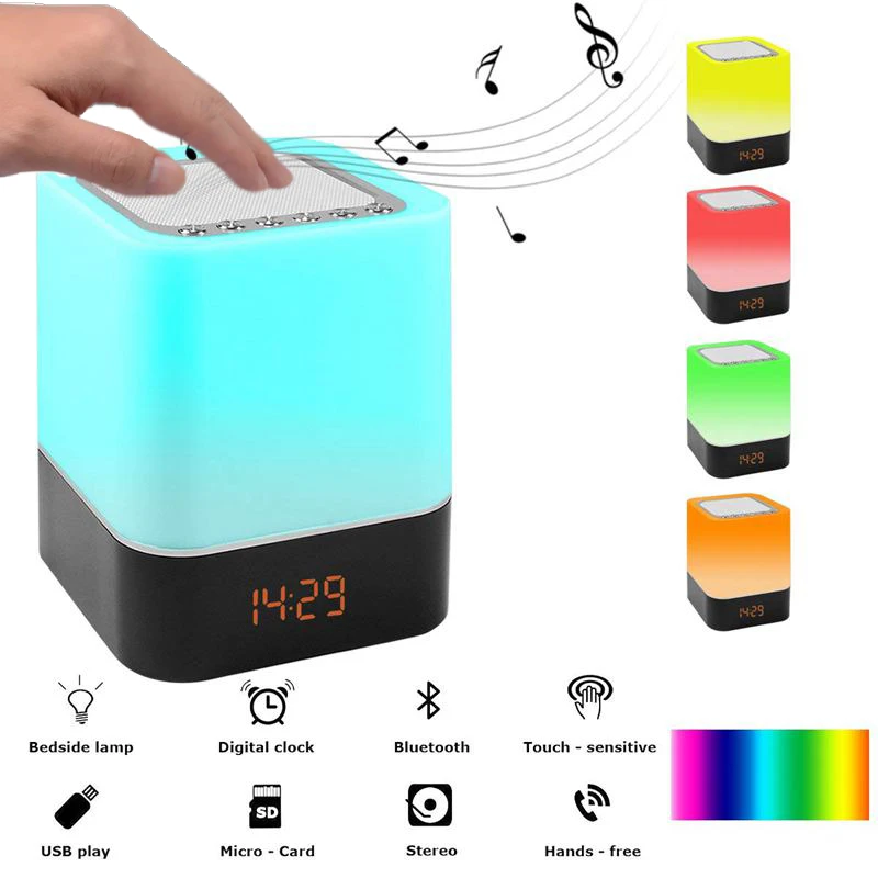 Прикроватная лампа с сенсорным управлением с беспроводным bluetooth-динамиком, Настольный Будильник Bluetooth с изменяющимся светодиодным ночным светильник, радио M