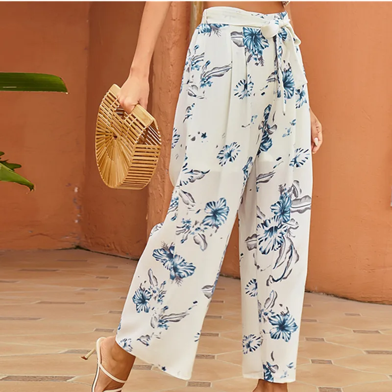 

OLOMLB 2021 Summer New Fashion Casual Loose Straight Lady Print Floral Long Pants Empire Belt Bow Patchwork Women's Basic White