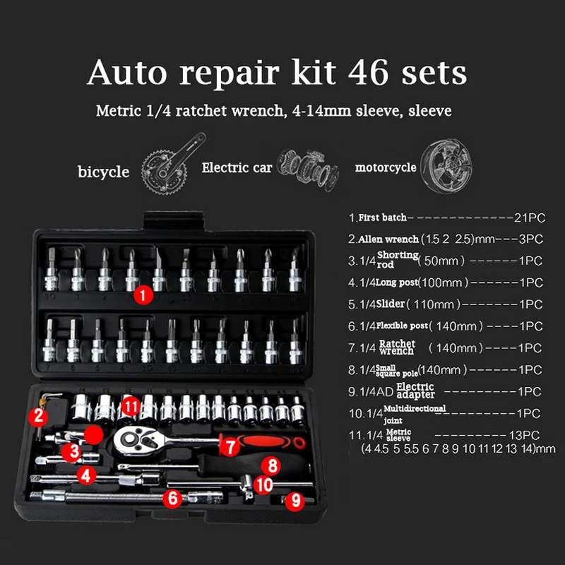 

46 Pcs/Set Multifunctionl Ratchet Wrench Set Professional Mechanic Repair Tools Combination Kit with Carry Case for Auto Repair