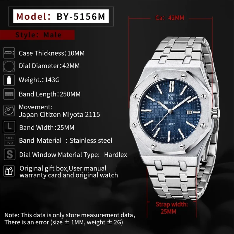 BENYAR Fashion Mens Quartz Watch Japan Miyota Movt Stainless Steel Luminous Waterproof Mens Sports Wrist Watch Relogio Masculino