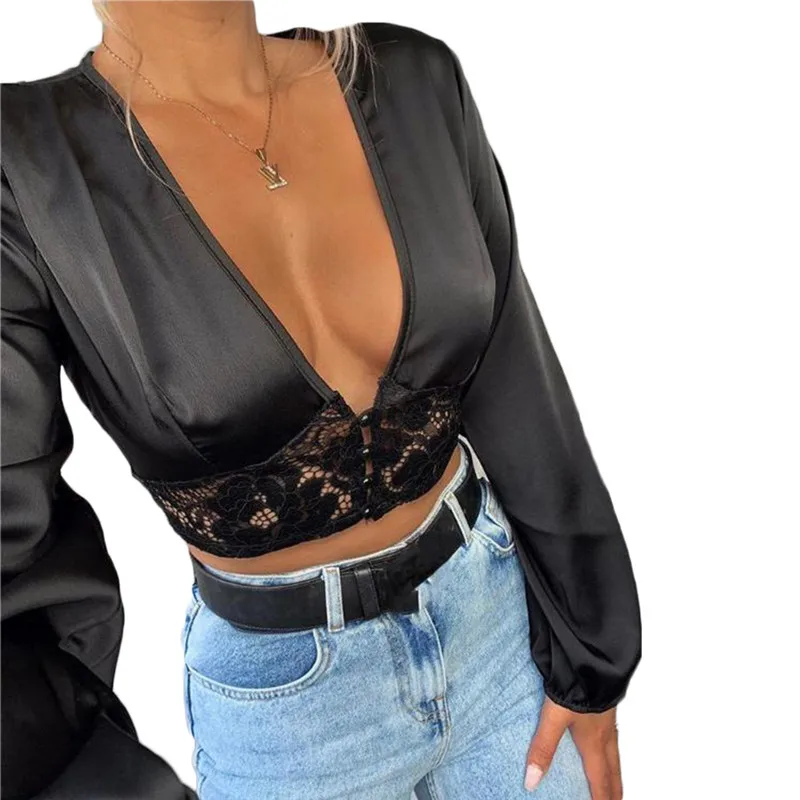 

Sexy Summer Mesh Sheer Blouse Women Lady See-through Deep V Neck Lace Floral Crop Top Long Sleeve Top Shirt Street Clothes