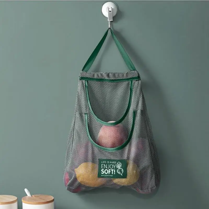 Hanging Double-layer Fruit And Vegetable Hanging Bag Kitchen Grid Net Tote Bag Washing Finishing Storage Bag