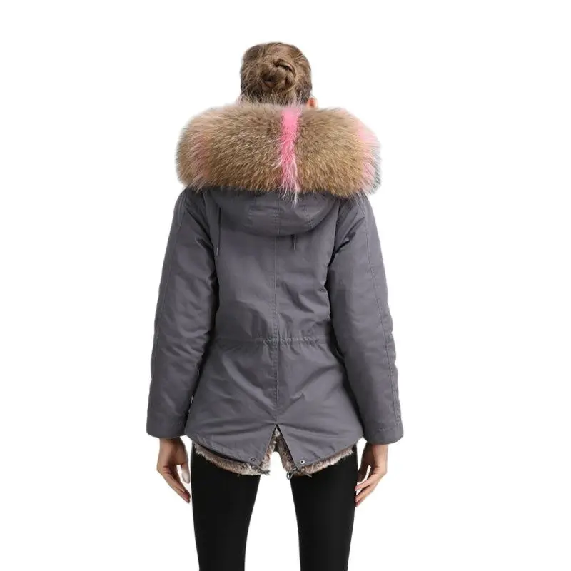 Mhnkro New Arrival Grey Cotton Shell Ladies Mix Color Real Raccoon Fur Hoodies Winter Short Furs Coat Wear