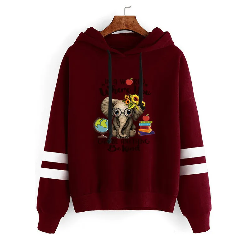 

Women Hoodie Elephant Printed Hoodies Women Double Striped Long Sleeve Fleece Sweatshirt with Hat Girls Pullovers Winter