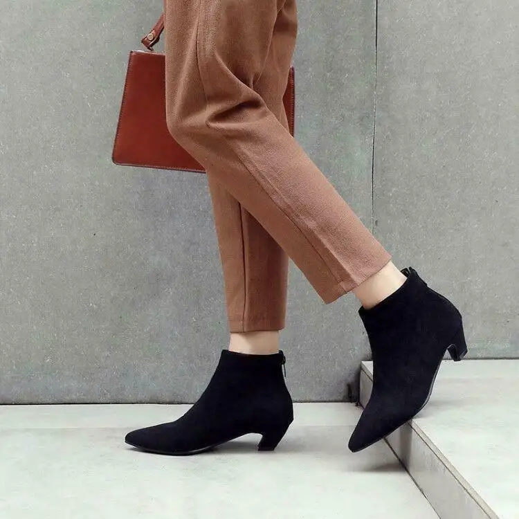 

Plus Size Womens Faux Suede Pointed Toe Bootie Kitten Mid Heel Ankle Boots