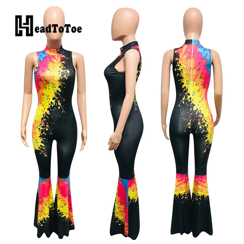 

Colorblock Sleeveless Bootcut Jumpsuit Fashion Printed Cold Shoulder Skinny Rompers Womens Jumpsuit Casual One Piece Overalls