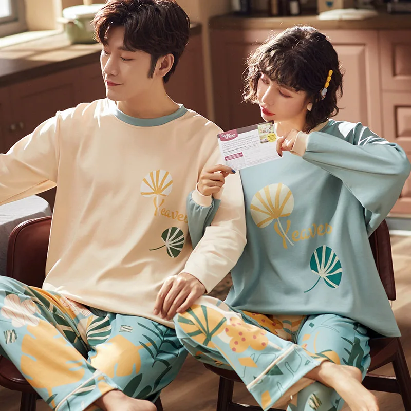 

Lover's Pure Cotton Sleepwear Women Pajamas Set Couple Home Suit Simple Cartoon Pijamas Casual Homewear Loose Nighty Pyjamas