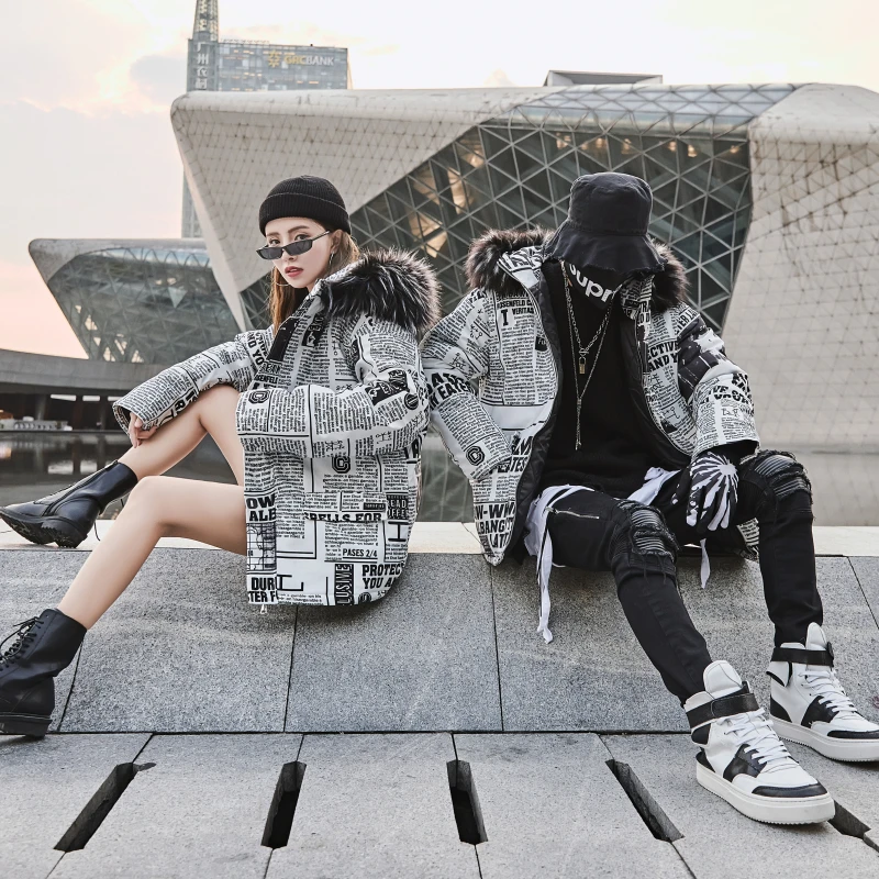 Парка мужская с принтом газет в стиле хип-хоп зимняя пуховая куртка мехом теплая
