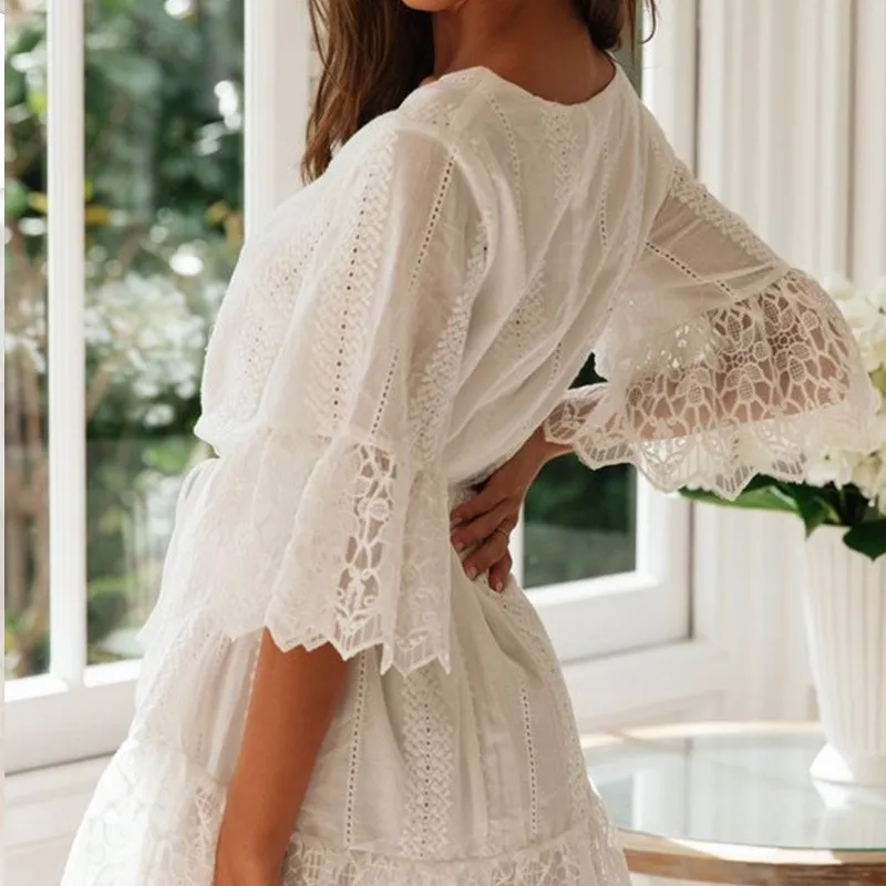 ТРАПЕЦИЕВИДНОЕ хлопковое женское платье с вышивкой элегантное белое v-образным