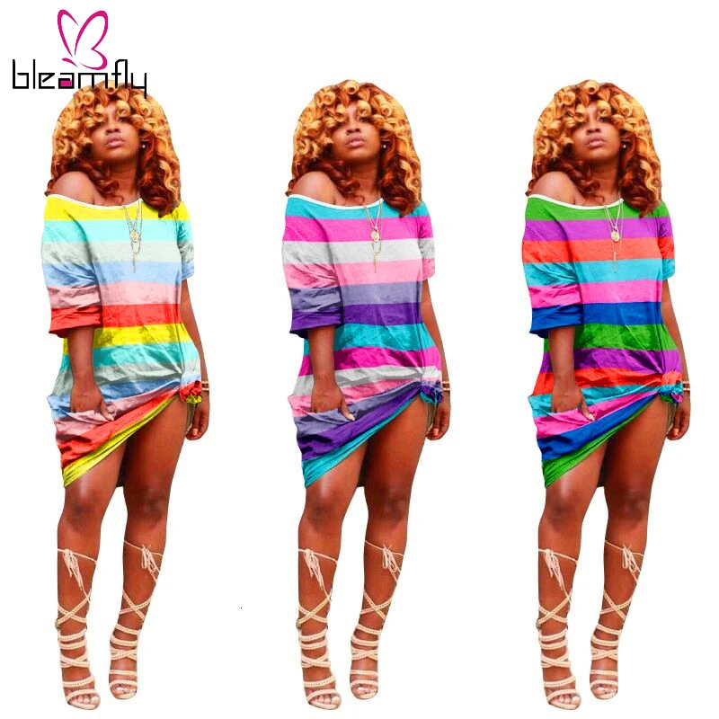 2019 женское платье в радужную полоску с принтом открытыми плечами боковыми