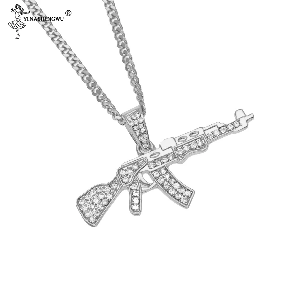 Fashion Punk Hip-Hop Gun Shape Pendant For Women Men Rapper Crystal Rhinestone Chain Necklace Creative Jewelry Colgante Hombre | Украшения