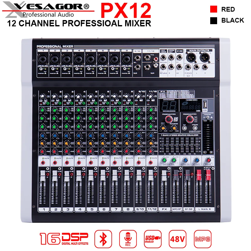 

Аудио-микшер PX12, 12-канальный звуковой микшер, контроллер DJ, звуковая плата с 16-дюймовым DSP эффектом, USB Bluetooth XLR Aux входной интерфейс, аудио