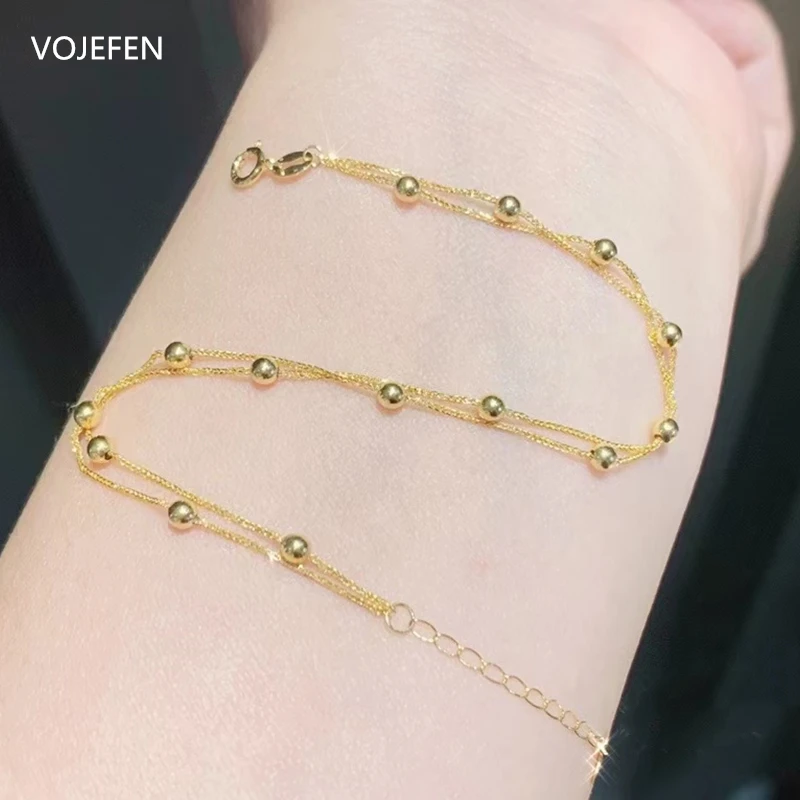 

VOJEFEN AU750 Gold Real 18K Gold Bracelets for Women, Dainty Round Bead Thin link Chain Double Layer Bracelet for She