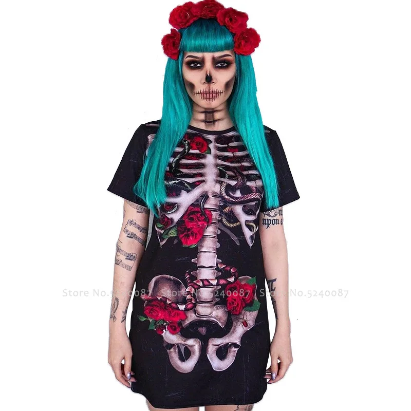 

Halloween Skull Rose Skeleton Print Ghost Bride Horror Cosplay Costume Carnival Women Fancy Party Scary Dress Casual Tops Shirts