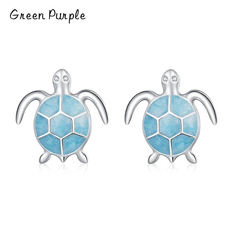 

100% 925 Sterling Silver Light Blue Turtle Stud Earrings Enamel Cartoon Animal Earring For Young Girl Fine Jewelry Gift