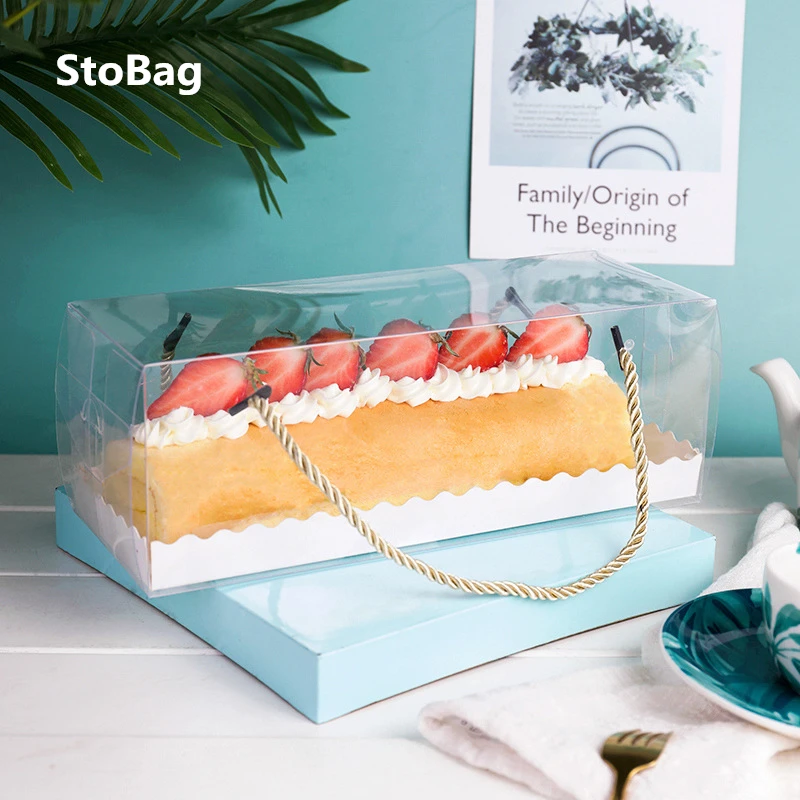 

StoBag 10pcs Chocolate Cake Packaging Box Portable Swiss Roll Transparent Box Towel Roll Pastry Baking Packaging Party Birthday