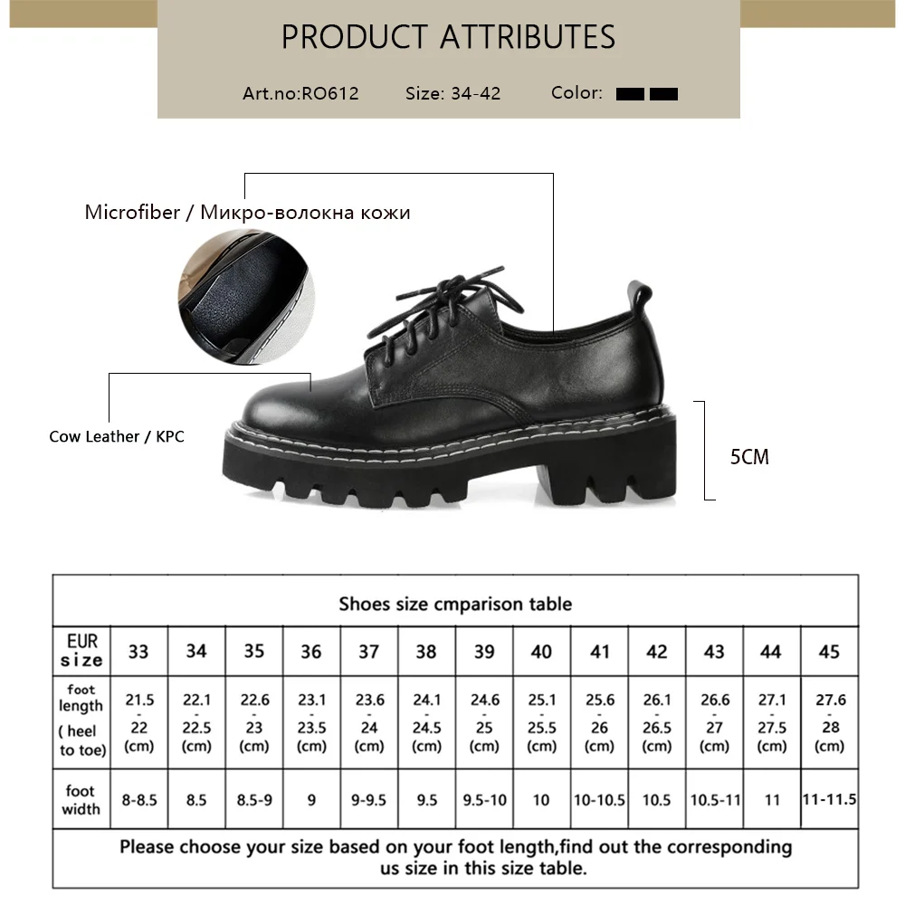

RJN Spring Outdoor Casual Women's Flat Genuine Leather Stylish Round Toe Platform Brogues Shoes Black Lace-Up Ladies Shoes RO612