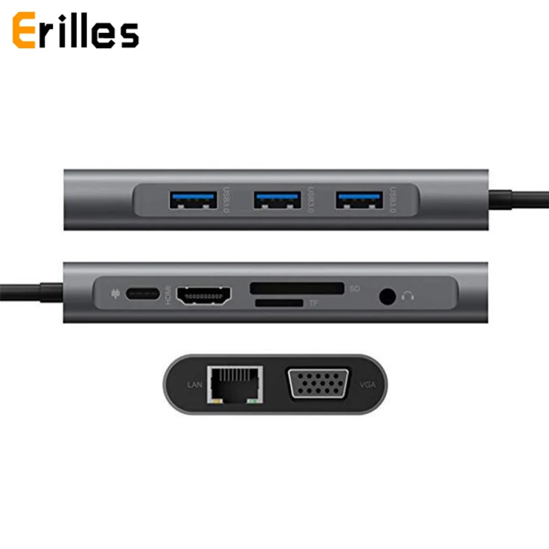 USB C 3 1 до 1000 м RJ45 концентратор адаптер 4K HDMI PD VGA 1080P 5 мм AUX аудио разъем Micro/SD слот
