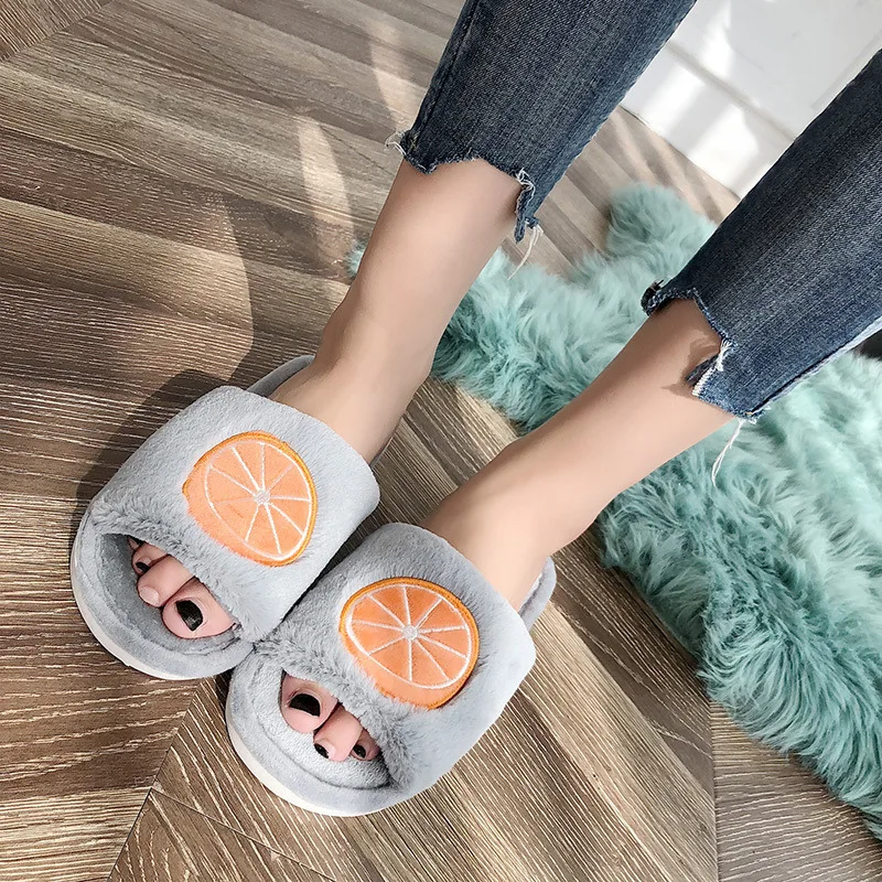 Liam Fruit Print Slipper Winter Warm Cute House Shoes Comfortable Open Toes Non Slip Fuzzy Slides zapatos de mujer - Цвет: Orange