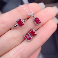 meibapj natural rectangle red ruby wedding jewelry sets 925 silver earrings ring pendant necklace three piece suite