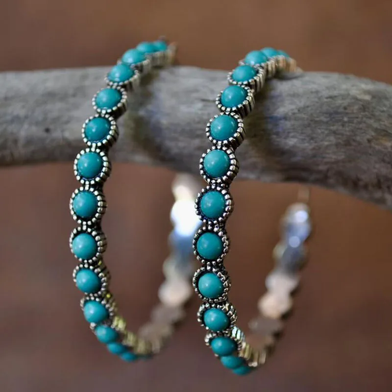 

Vintage Big Hollow Round Hoop Earrings BOHO Jewelry Exaggerated Large Circle Turquoise Beads Stone Earrings for Women
