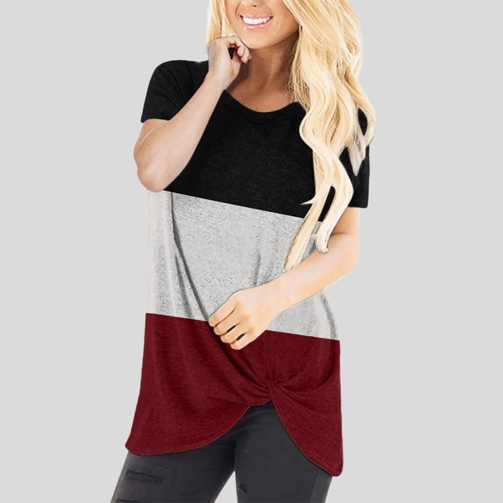 

Summer new women's round neck splicing kink short sleeve T-shirt