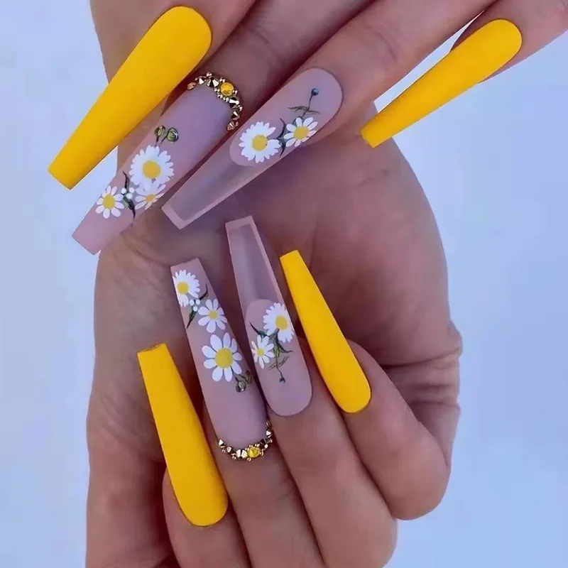 

24pcs Extra Long Coffin False Nails Yellow Flower Designs Rhinestone Ballerina Fake Nails Full Cover Nail Tips Press on Nails