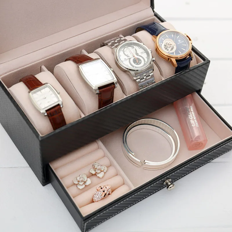 Carbon Fiber Double-layer 4 Grids Double Layers Watch Storage Box Case PU Watch Jewelry Necklace Rings Earring Organizer Box