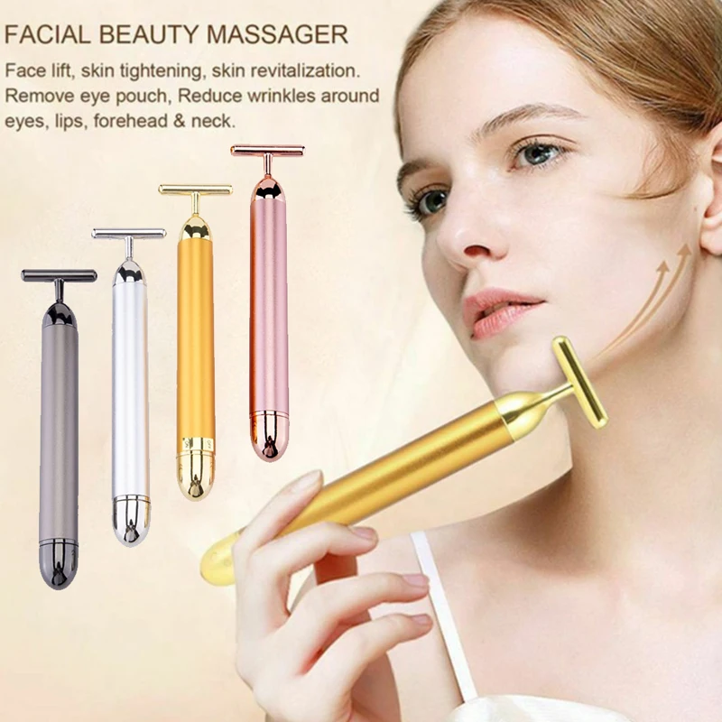 

Вибрирующий массажер для лица, с золотым роликом, для похудения, для красоты кожи лица