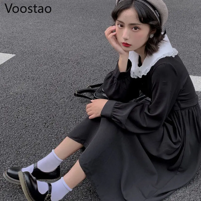 Осеннее женское темное платье модное элегантное в стиле преппи с длинным рукавом