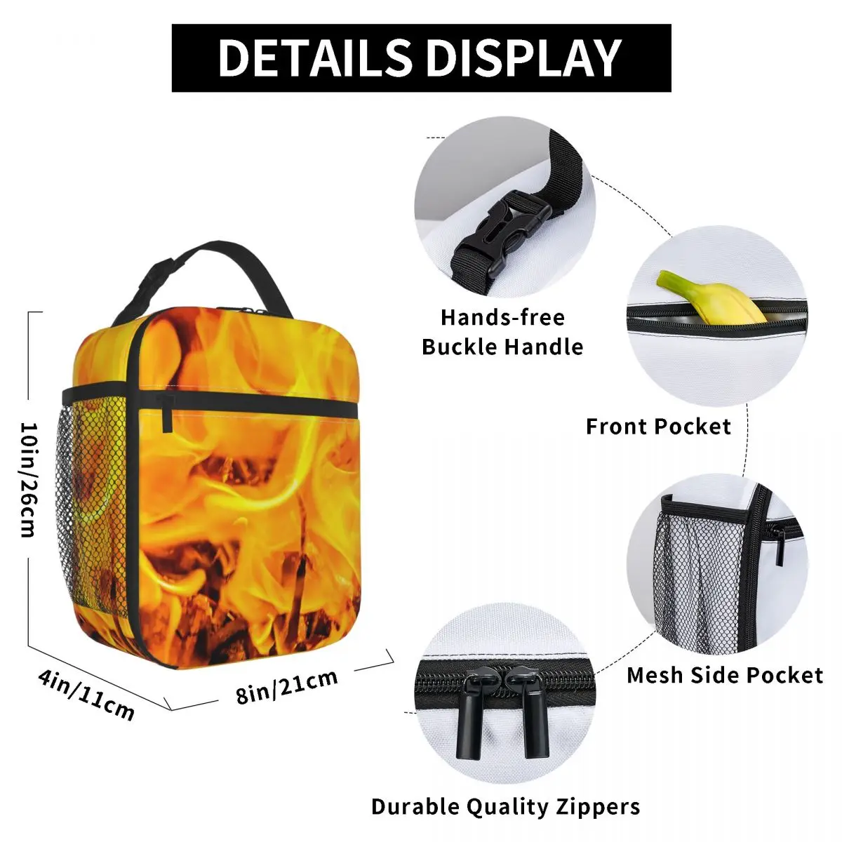 

Fire And Flames Lunch Bag for Women Men Large Insulated Lunch Box with Water Bottle Holder and Pockets