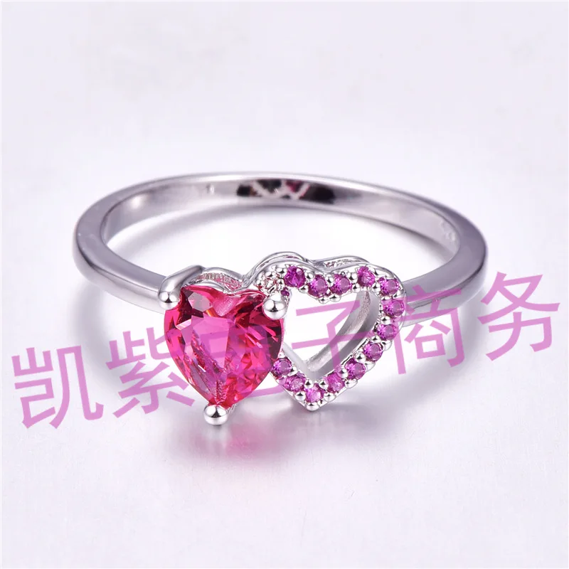

European and American popular color double heart zircon ring personality double heart set zircon ring. Wedding, birthday present