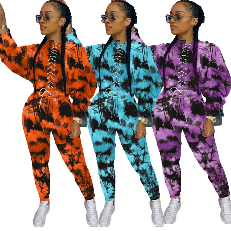 

2020 Two Piece Set Women Clothing Sweatpants Printed Fashion Tie Dye Streetwear Plus Size Two Piece Set Women