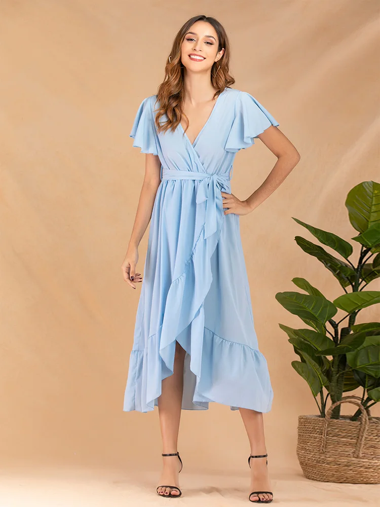 Новинка 2020 повседневное женское летнее платье с коротким рукавом V образным