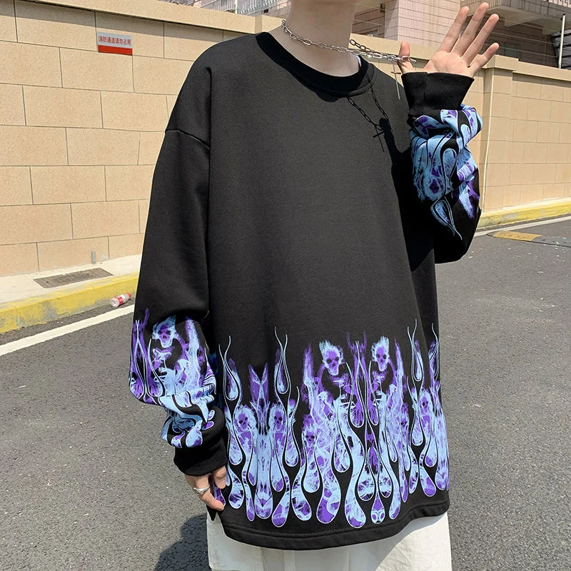 

Sweatshirts for Men Streetwear Loose Sports Round Neck Printed Dark Flame Blouse Pullover Hiphop Casual Trend Retro Male Clothes