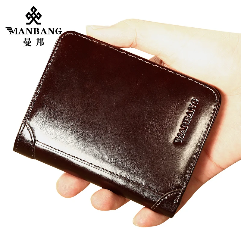  ManBang Male Genuine Leather Wallets Men Wallet Credit Business Card Holders Vintage Brown Leather Wallet Purses High Quality 