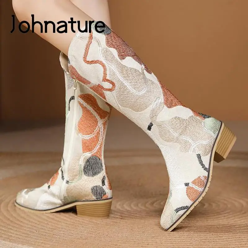 

Johnature 2021 New Winter Shoes Women Boots Pointed Toe Zip Leisure Suede Sewing Handmade Embroidery Concise Platform Boots