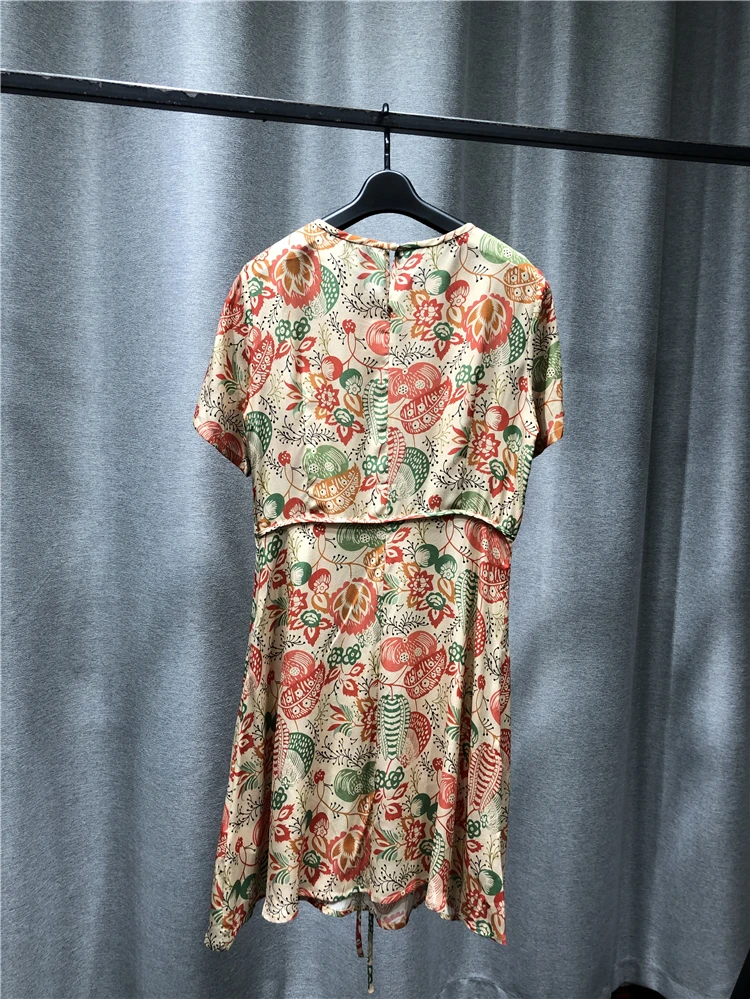 

Women Dress 2021 New Summer Products Fashion Pure Silk Round Neck Short Seeve Mid Length Lace Up Waist Pullover Skirt