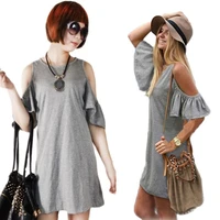 off shoulder ruffles short sleeve ladies dresses grey and black solid colors mini dress summer sexy fashion clothing loose dress
