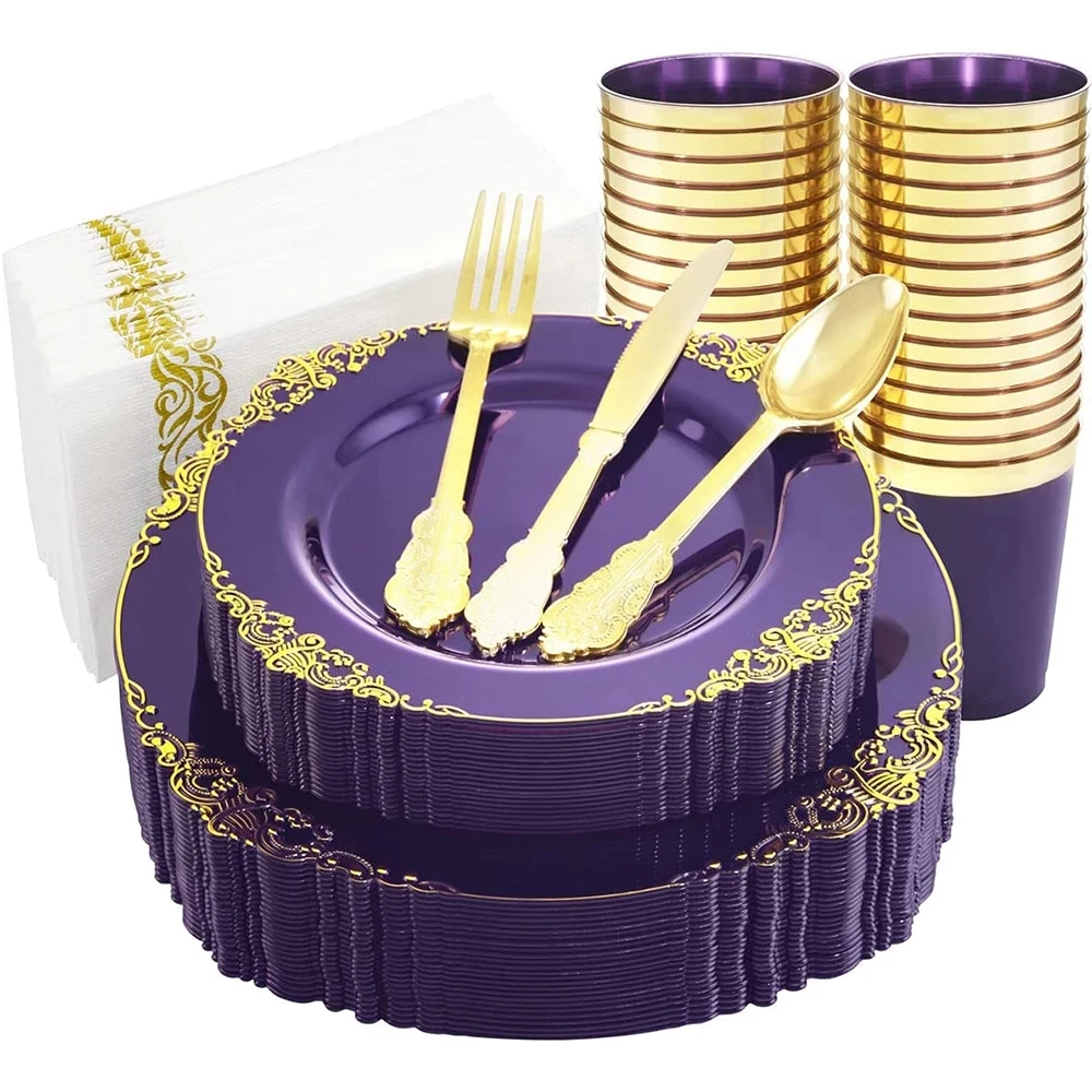 

70 штук одноразовой посуды, прозрачная фиолетовая черная пластиковая тарелка, чашка, нож, вилка, ложка, столовые принадлежности для свадебно...