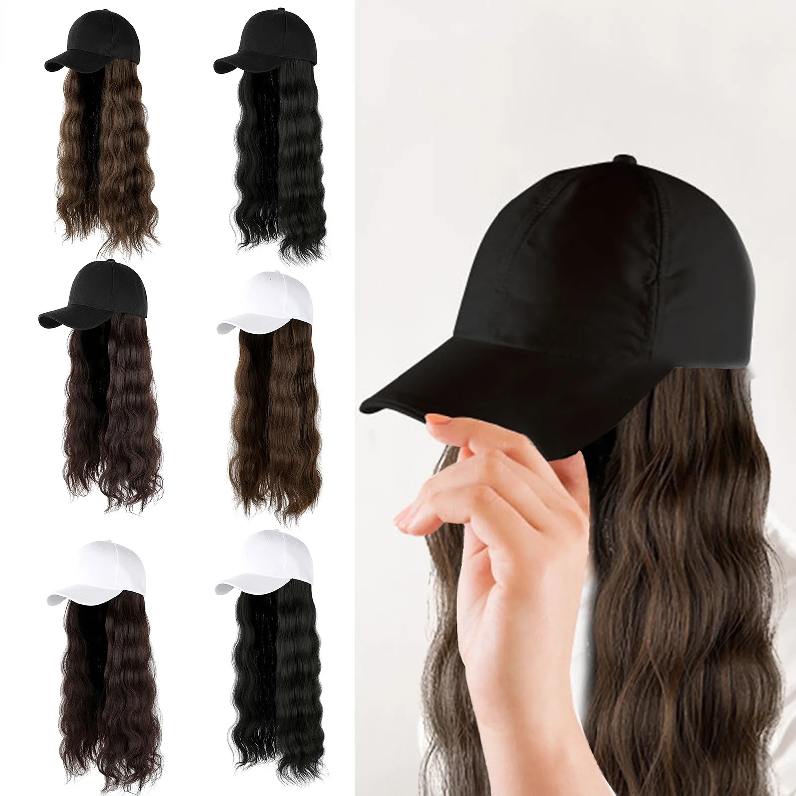 

Baseball Cap Hair Wavy Curly Hairstyle Adjustable Wig Hat Attached Long Hair Women Natural High Density Glueless Synthetic Wigs