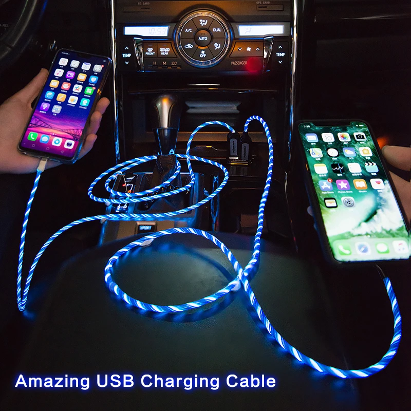 Power4 Прохладный светящийся USB C Микро зарядный кабель три разъема доступны для Lightning/Apple Android type-C зарядки мобильного телефона